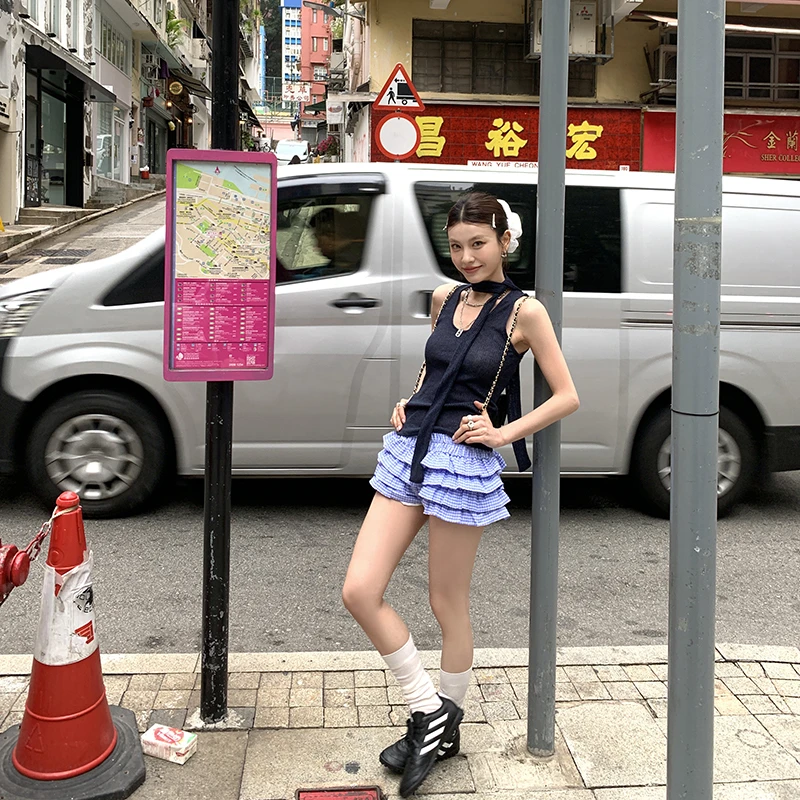 【悠然蓝调】蓝格子木耳边蛋糕短裤女夏显瘦休闲裤4186