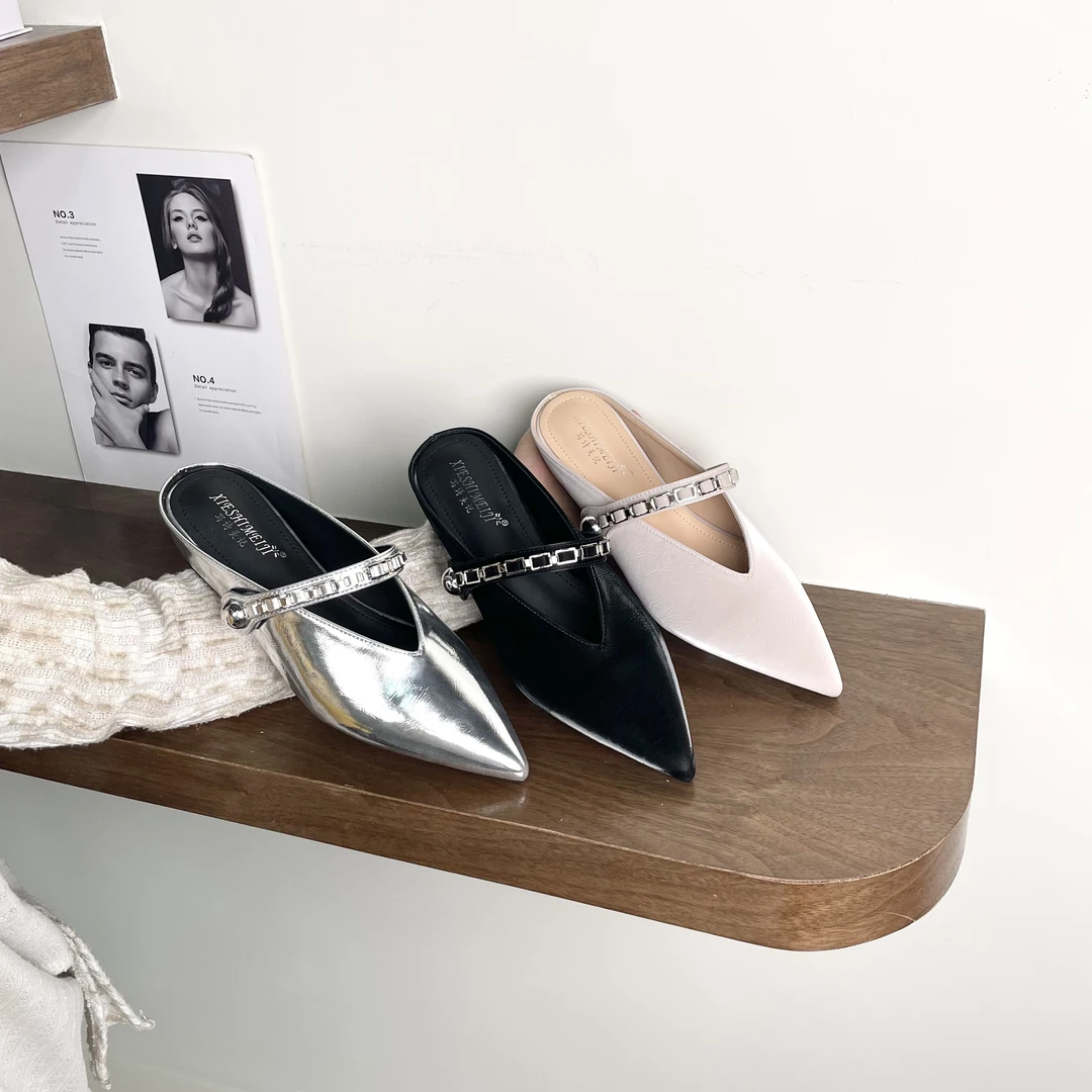 2025链条新款韩版包头半拖鞋女外穿温柔仙女风一脚蹬平底穆勒鞋