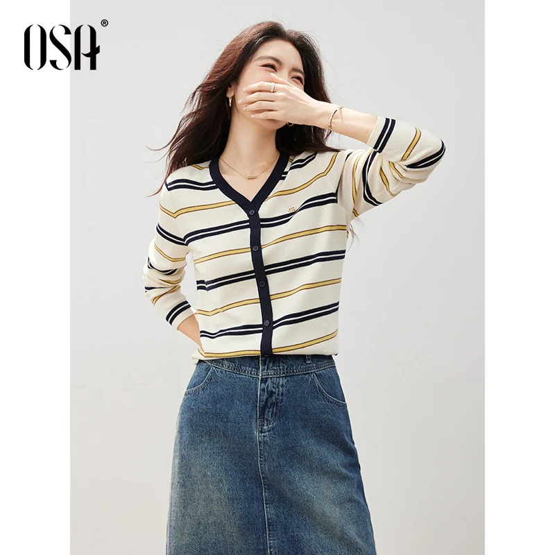 OSA经典条纹V领套头针织衫女通勤百搭薄长袖上衣S125C16010