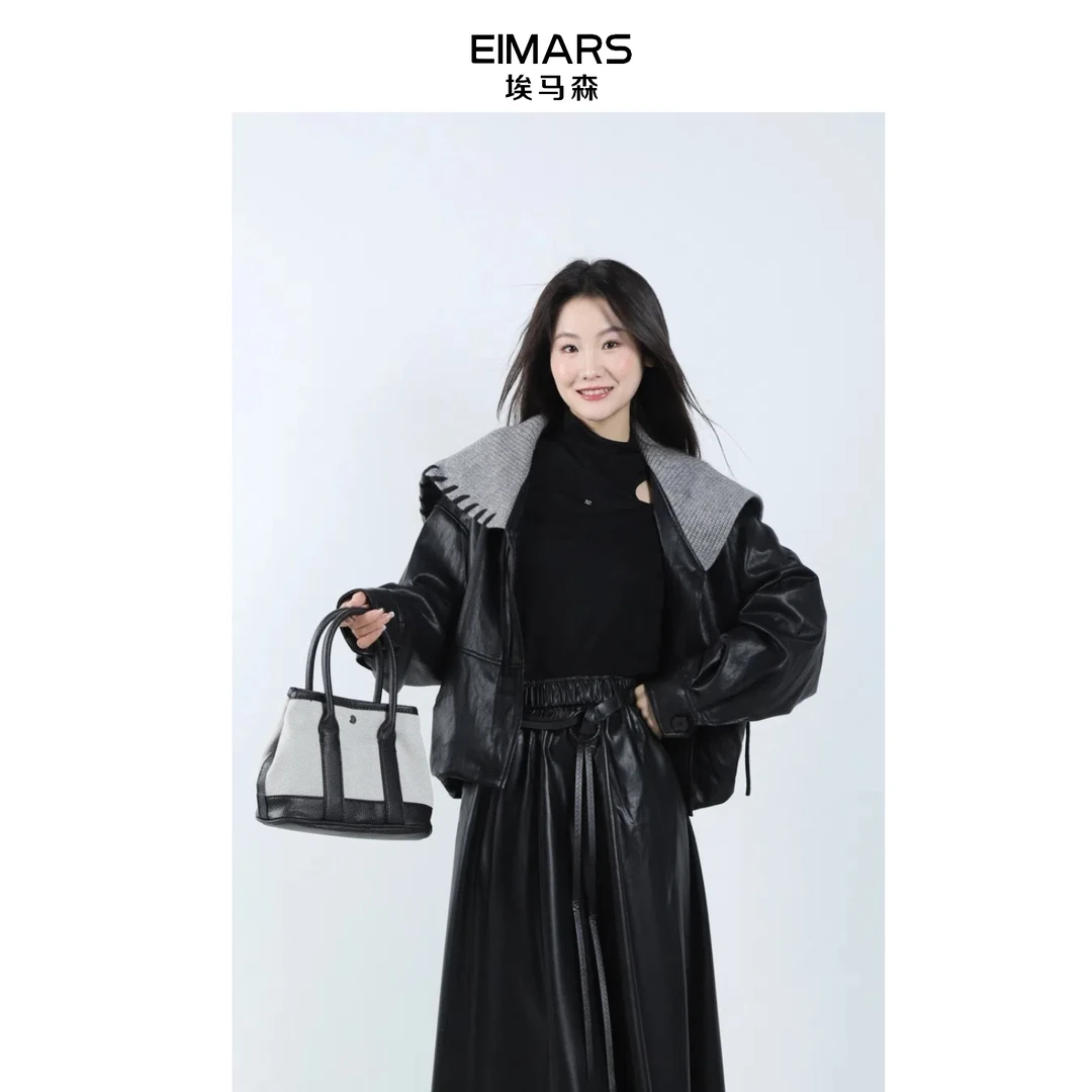 EIMARS埃马森韩系高智感黑色PU皮短皮衣外套21244017