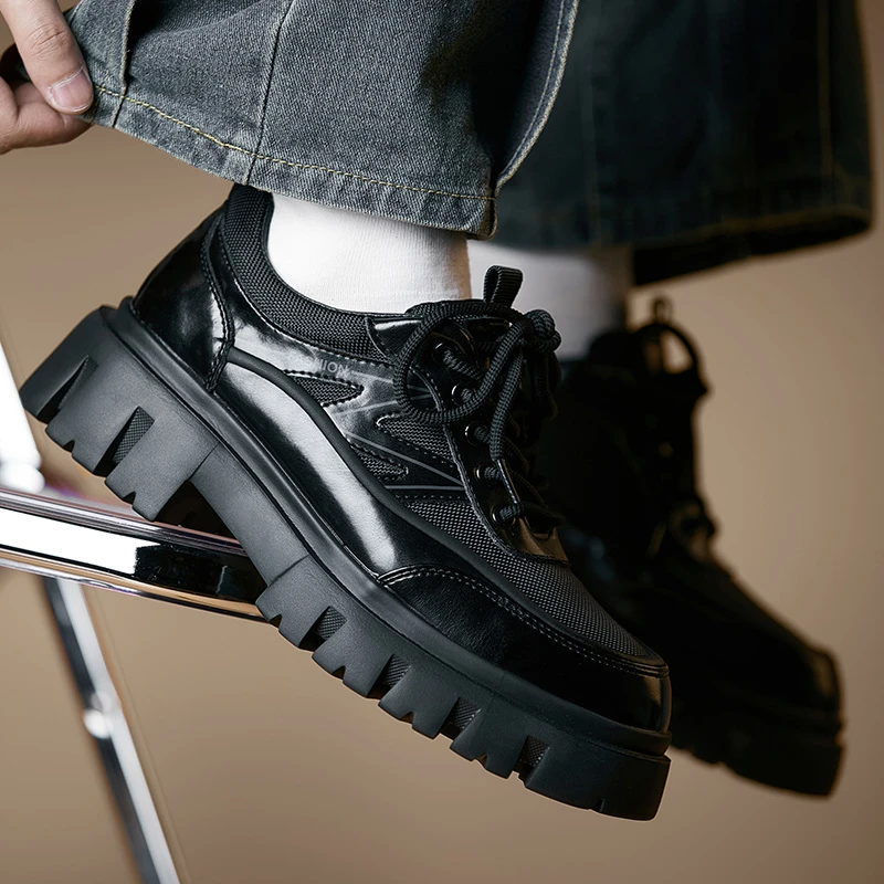 休闲皮鞋男透气百搭圆头通勤运动低帮鞋秋季高端厚底内增高男鞋