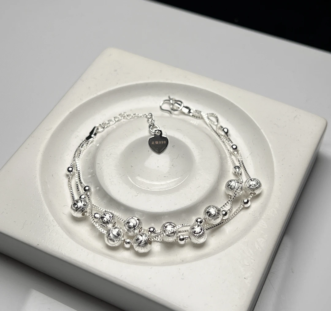 足银手链 999足银圆圆手链设计时尚气质款圆珠三层手饰G300