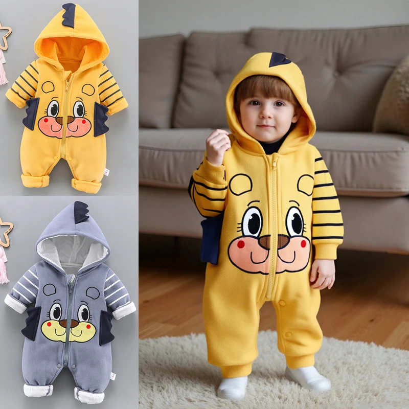 加厚春秋婴儿连体衣宝宝保暖连帽宝宝春秋长袖爬服卡通连体衣服