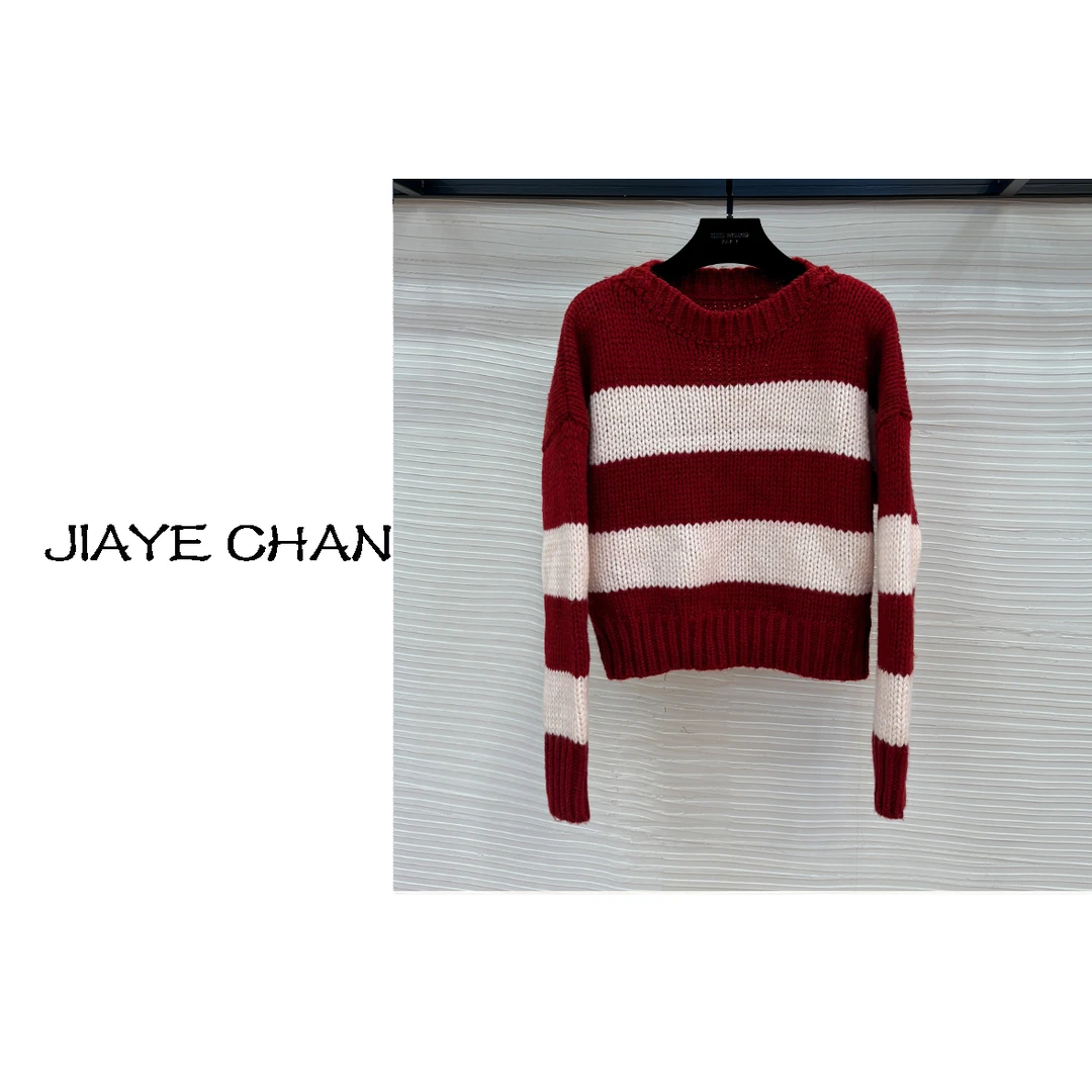 【西西高定】新款减龄红色条纹针织上衣