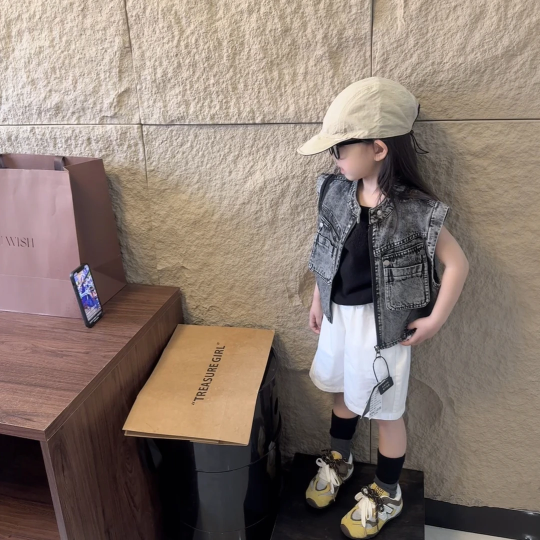 现货MZ.儿童夏季新款潮牌时髦复古百搭短款牛仔马甲1655