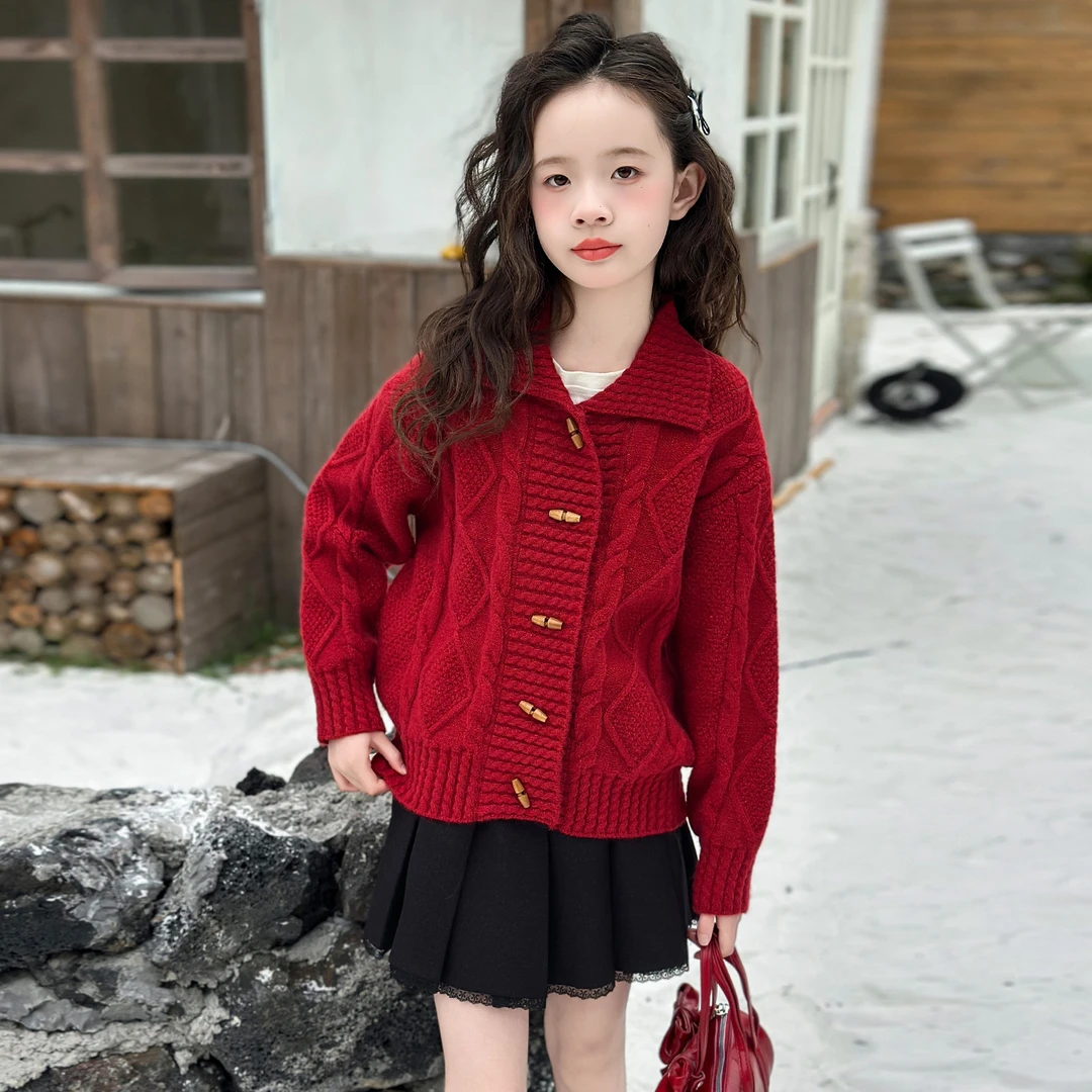 女童红色拜年服毛衣外套秋冬新款中大儿童复古中国红新年针织开衫