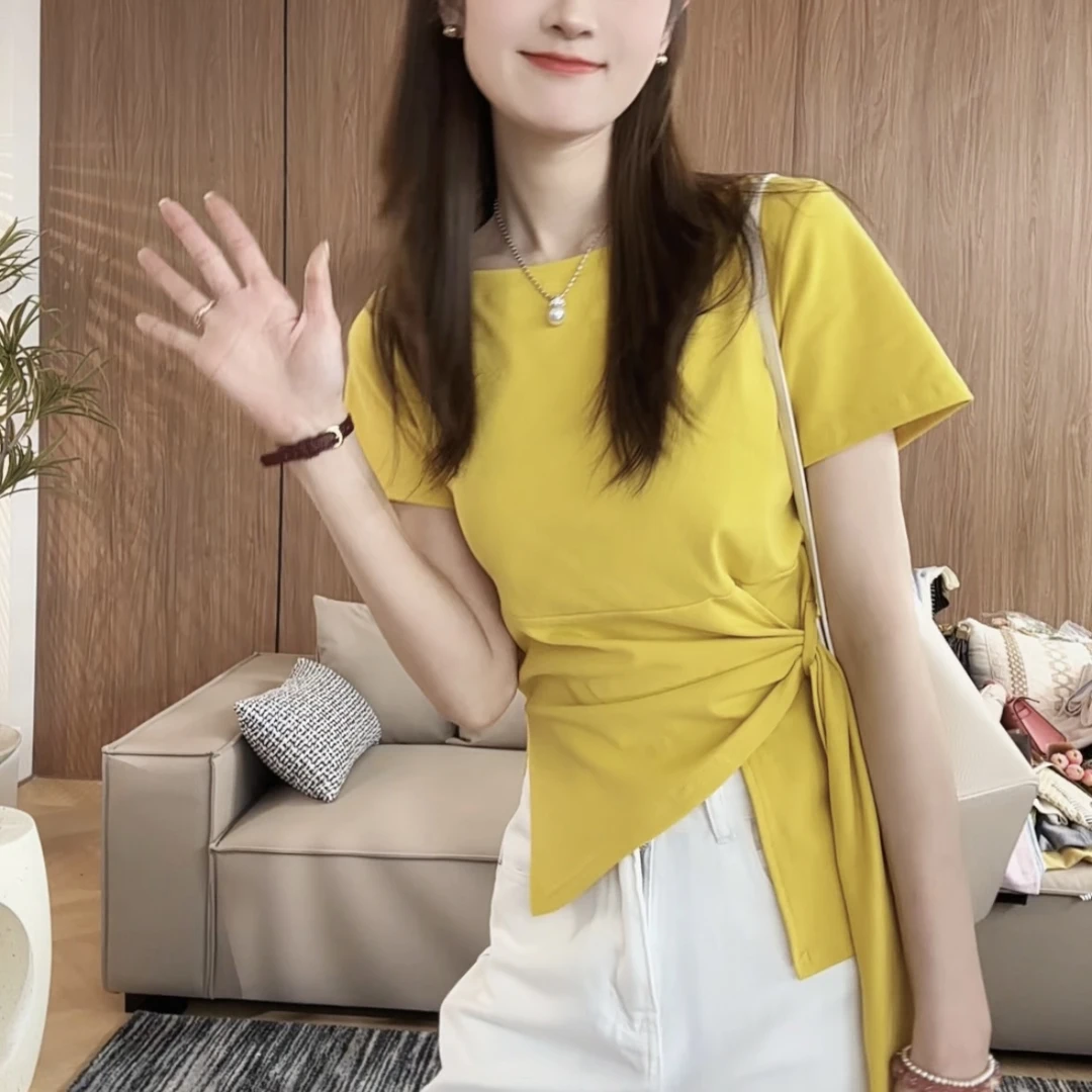 法式chic绑带打底衫t恤女夏季不规则开叉设计感收腰修身短袖上衣