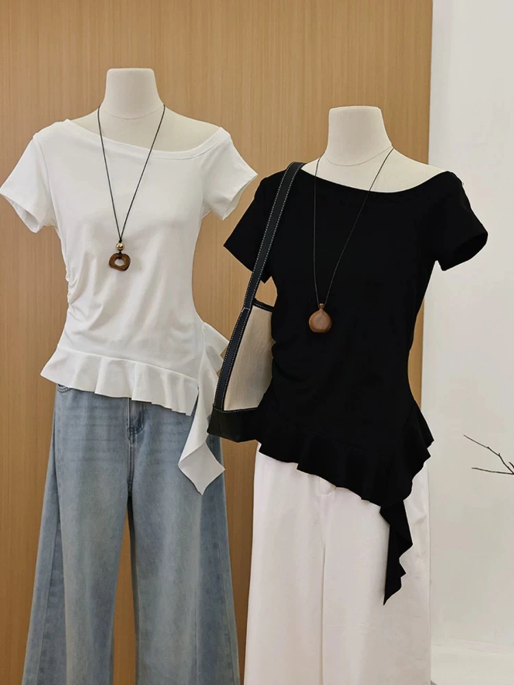 越野兔纯色斜肩T下摆飘带修身显瘦短袖