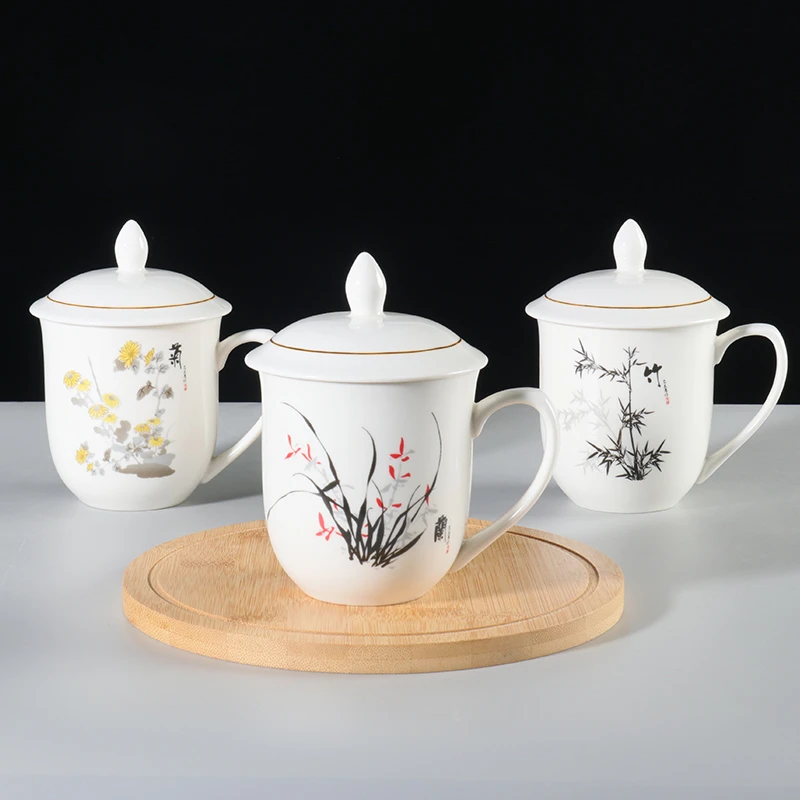 梅兰竹菊陶瓷茶杯家用大容量水杯办公室带盖会议杯礼品杯定制