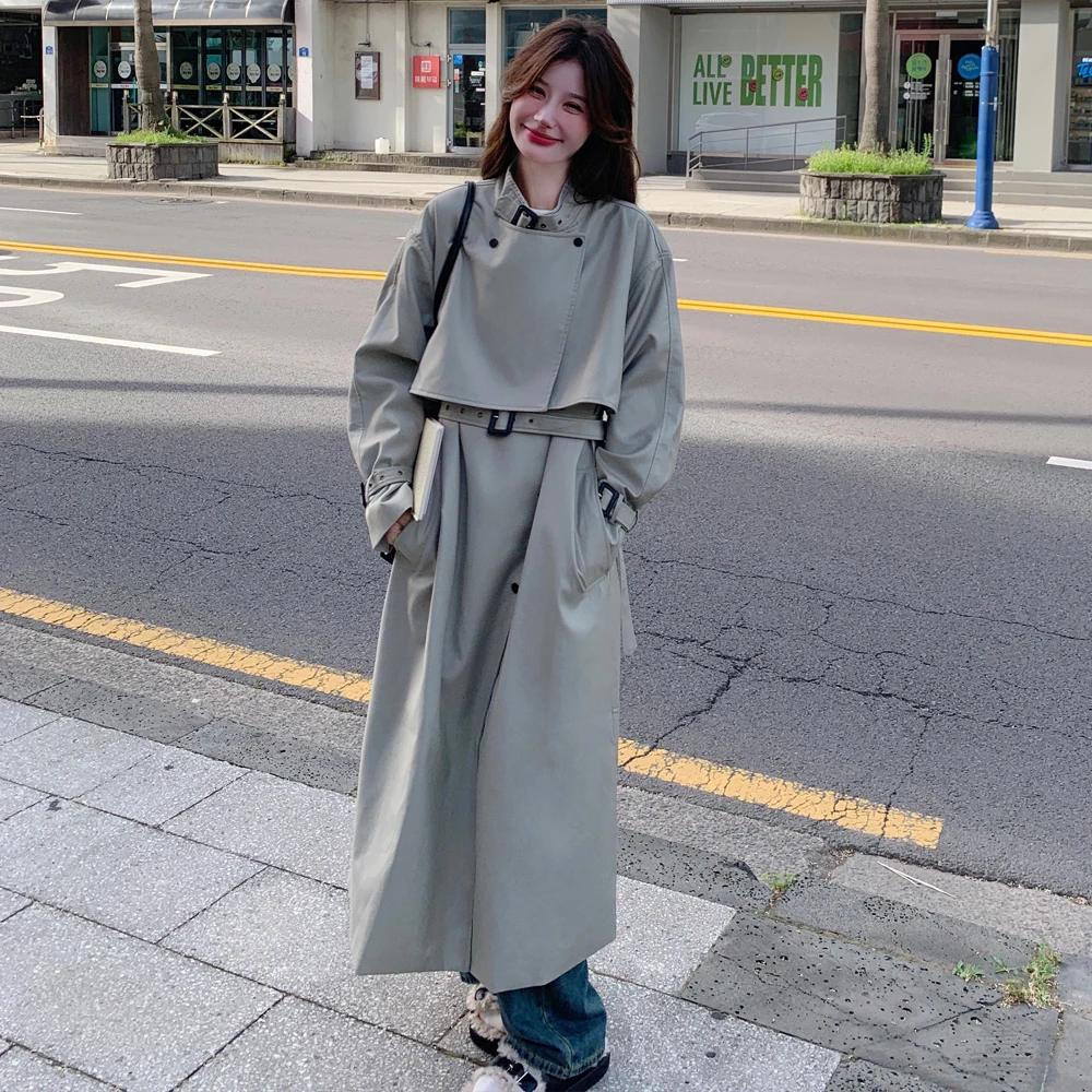 女神范灰绿色长款风衣外套女春秋高级感慵懒风韩系超好看宽松大衣