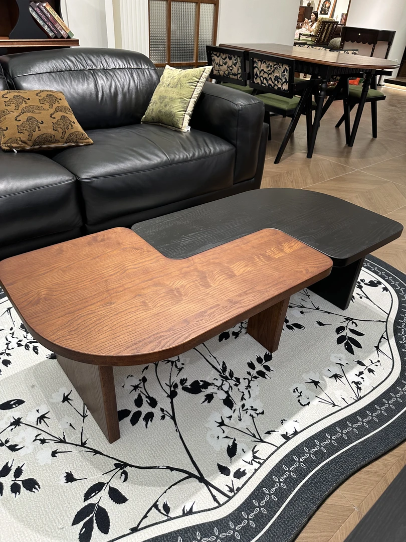 L黑色茶几沙发咖啡桌复古#中古风异形实木家用桌子创意客厅茶几