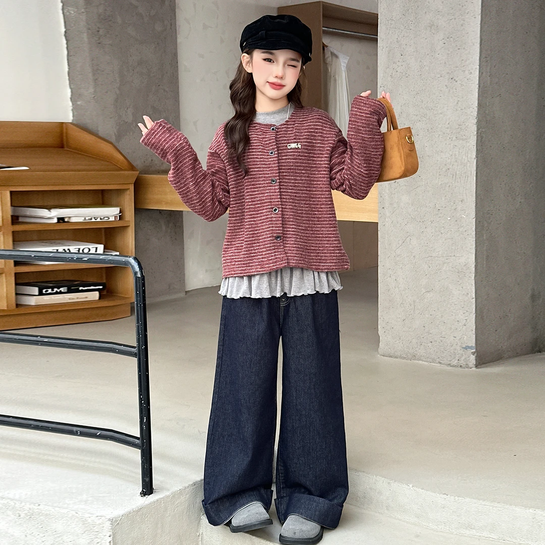 女童秋装洋气大童韩系小香风外套花边打底衫牛仔裤休闲春秋三件套
