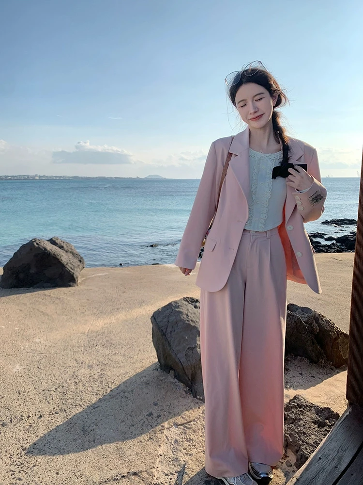 Q渔小平 气质高级西装套装女休闲韩版西装外套西装直筒裤阔腿裤