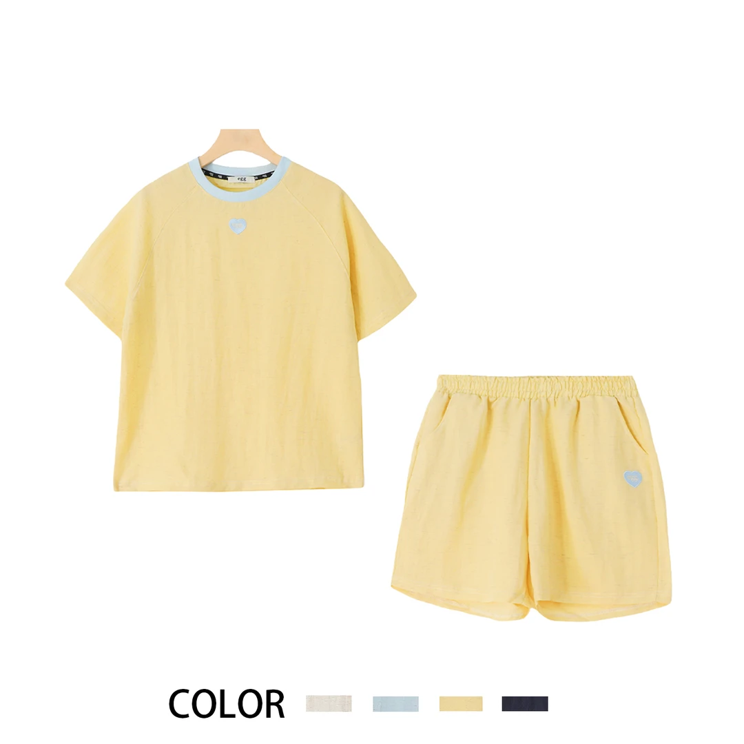 egg春夏季新款 亚麻短袖心形刺绣套装 2109