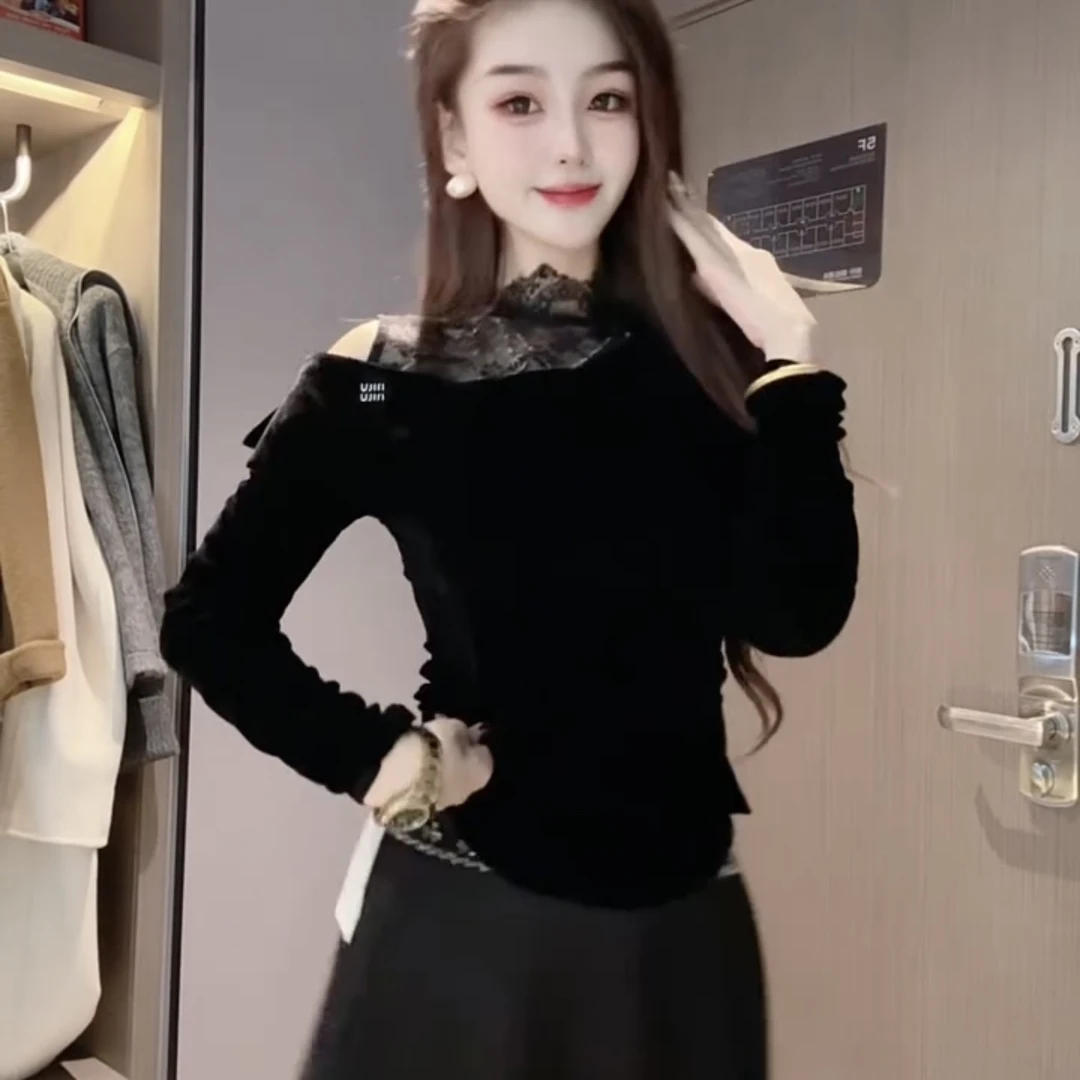 米长袖复古港风蕾丝纯欲风拼接T恤冬季立领秋冬洋气