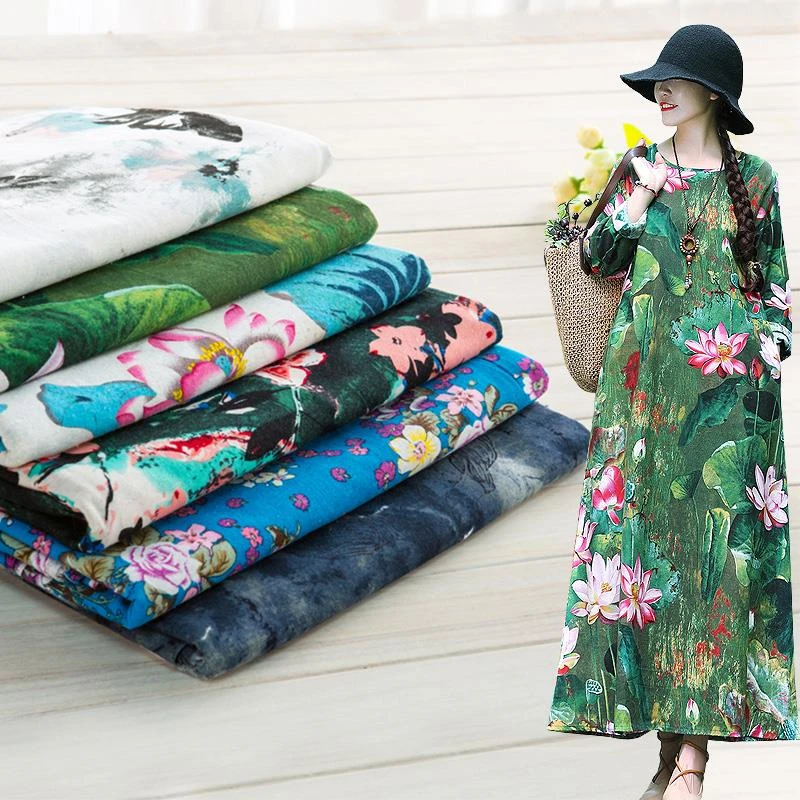 民族风古典连衣裙印花布 水墨画复古荷花装饰布棉麻布料服装面料