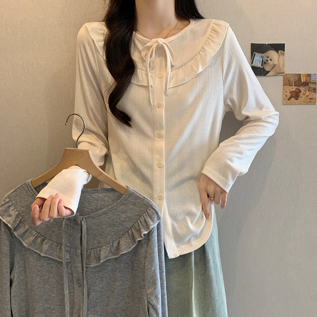 大码女装娃娃领时尚百搭长袖衬衫女秋胖mm减龄显瘦内搭外穿上衣潮