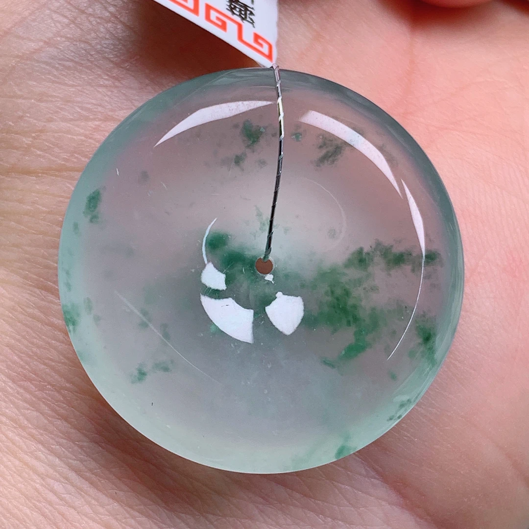 天然缅甸翡翠A货高冰飘花平安扣气质精美尺寸29.6*6.5  425