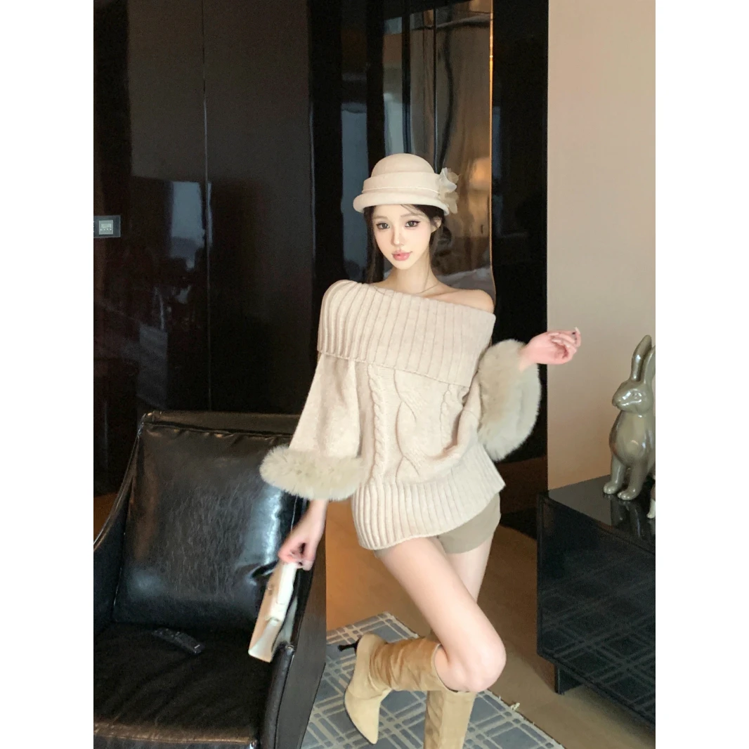【京洛佳人】秋冬氛围感穿搭慵懒风名媛一字肩长袖羊毛衫针织毛衣女
