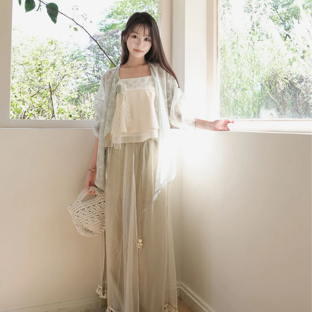 原创烟青宋制春季汉服春夏气质汉元素飘逸阔腿裤套装