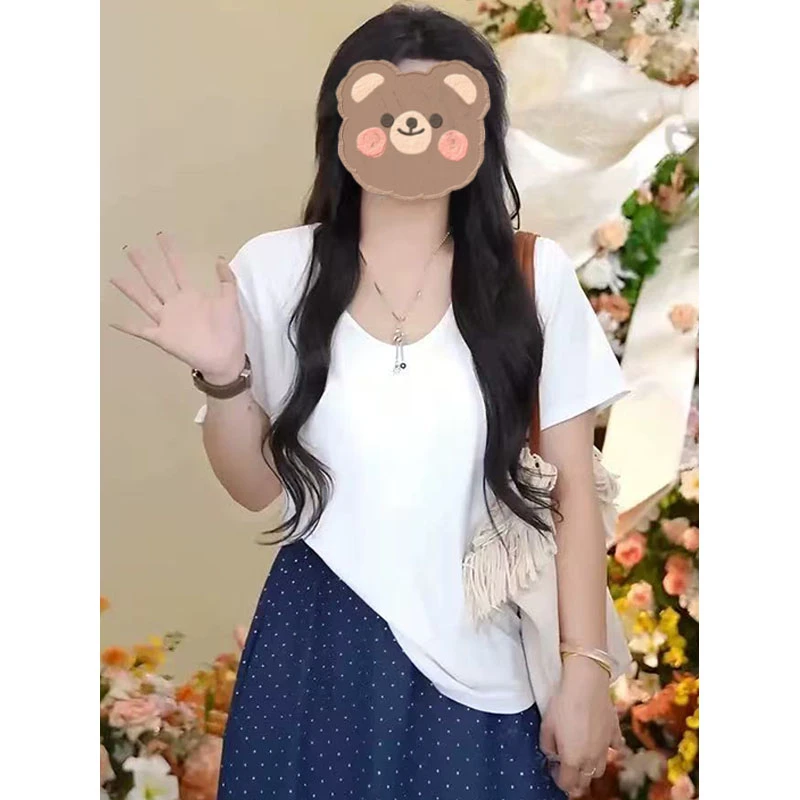 特大码200斤简约休闲纯色V领宽松短袖t恤女夏季新款百搭遮肉上衣