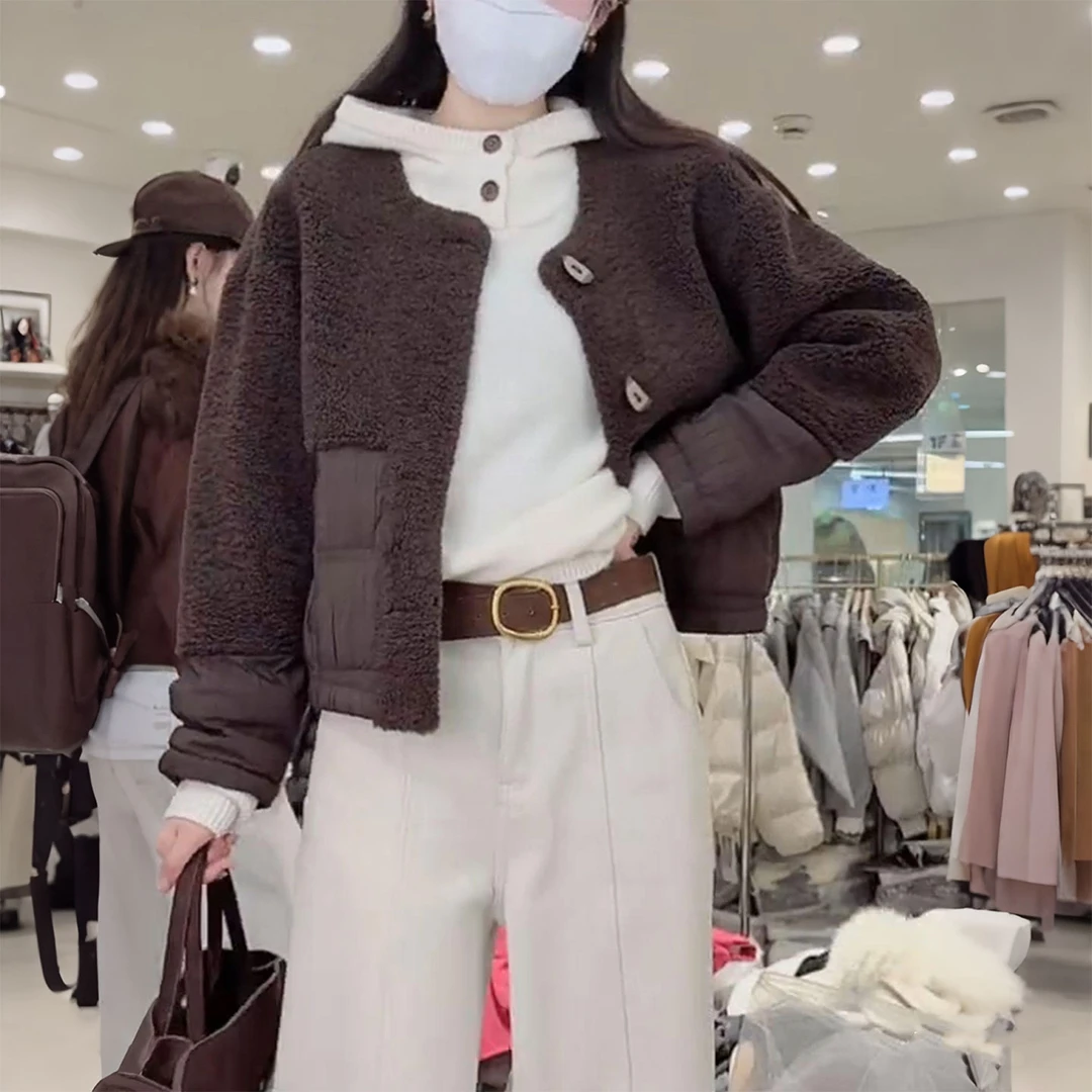 超好看单排扣独特毛绒棉服女秋冬季新款高级时尚拼接圆领外套上衣