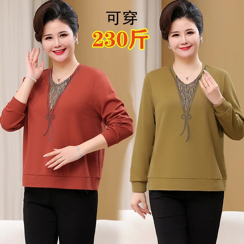 中老年人春秋加肥特大码宽松T恤女200斤胖妈妈遮肚打底衫洋气上衣