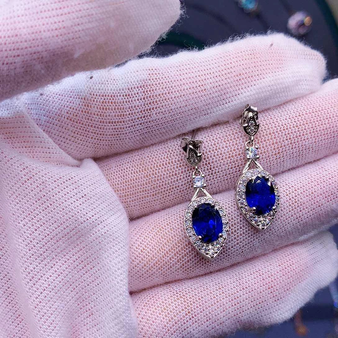蓝宝石耳饰银S925镶嵌