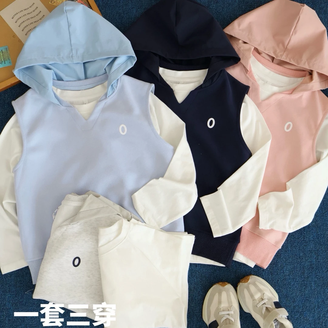 女男童装两件套马甲纯棉上衣常规款打底秋季套装纯色韩版春秋外穿