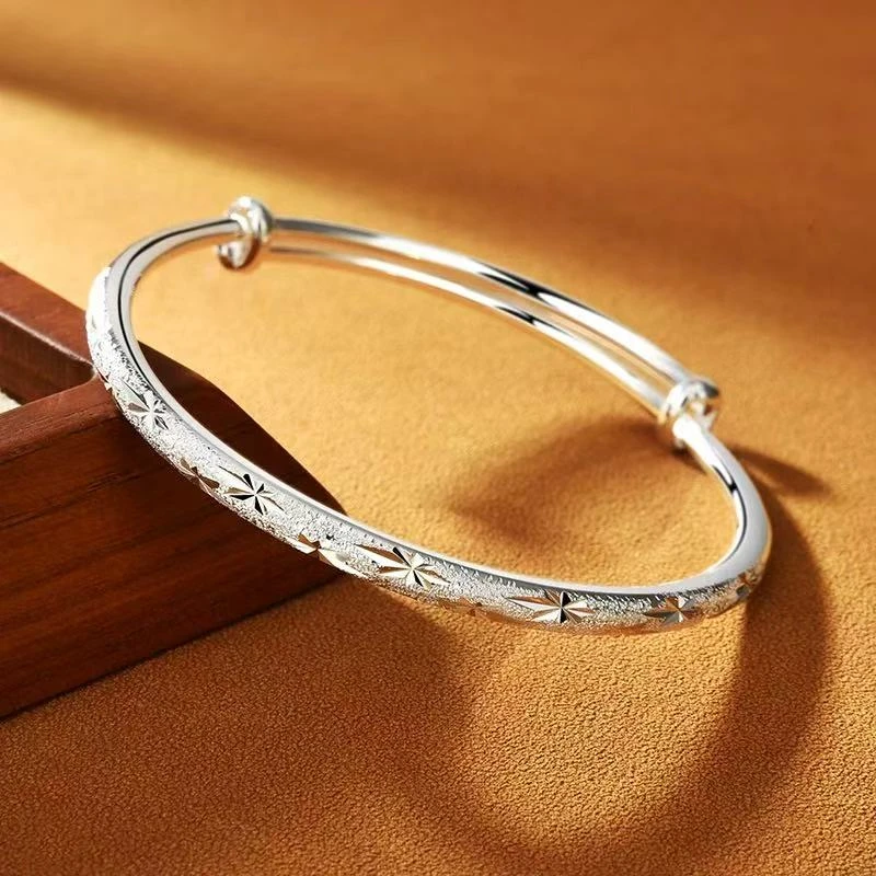 足银手镯 足银手镯39号链接足银999.9满天星推拉镯子送女友闺蜜