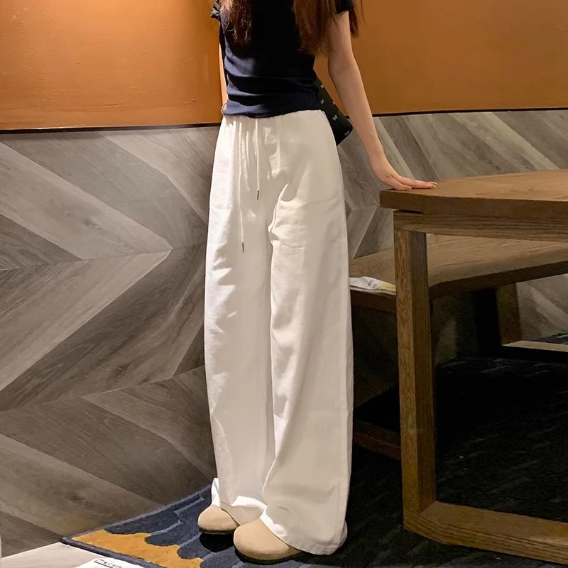 白色阔腿裤女夏季2025新款高腰直筒牛仔水洗棉麻春秋小个子休闲裤