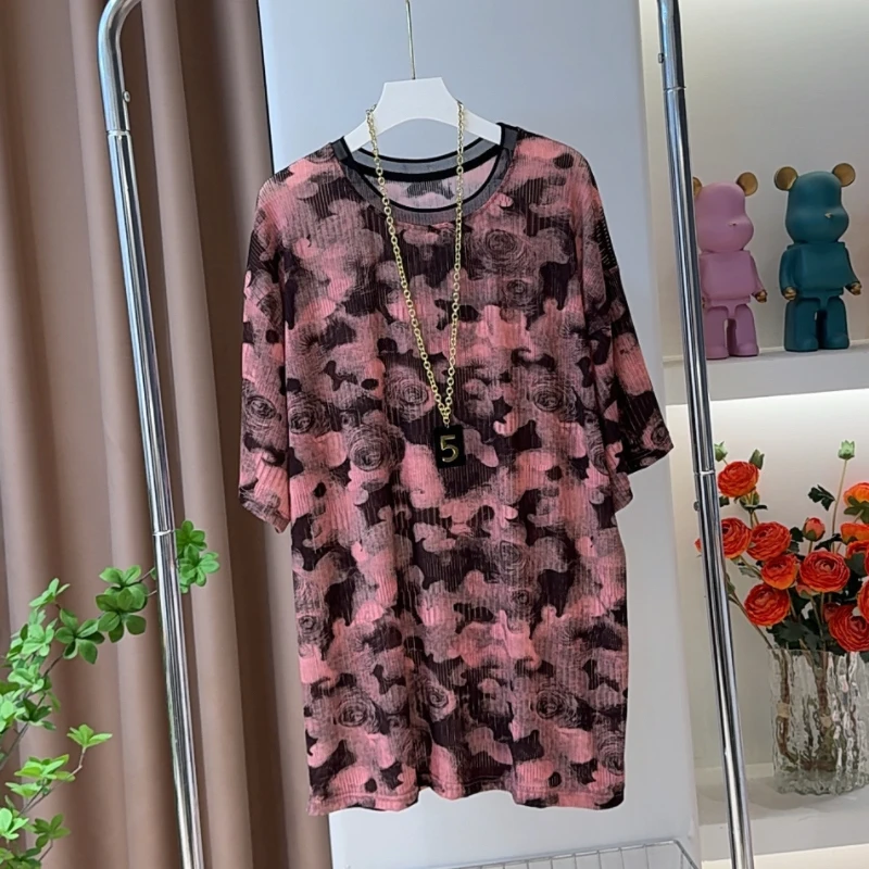 1872短袖扎染玫瑰印花肌理感T恤夏季宽松大版显瘦中长款休闲上衣