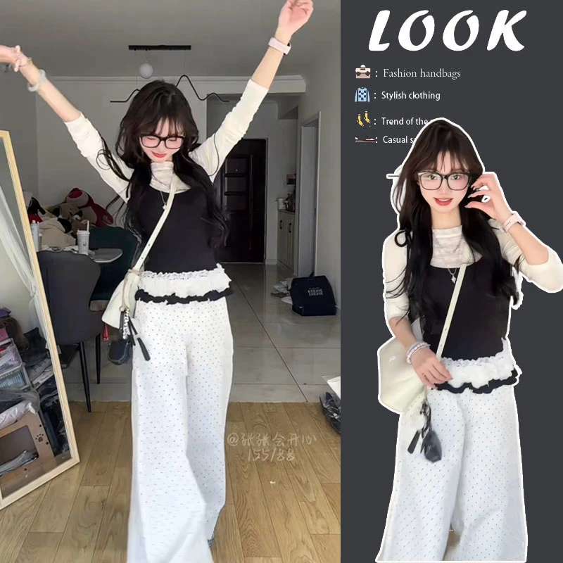 今年流行穿搭女2025新款韩系减龄设计感假两件上衣阔腿裤两件套装
