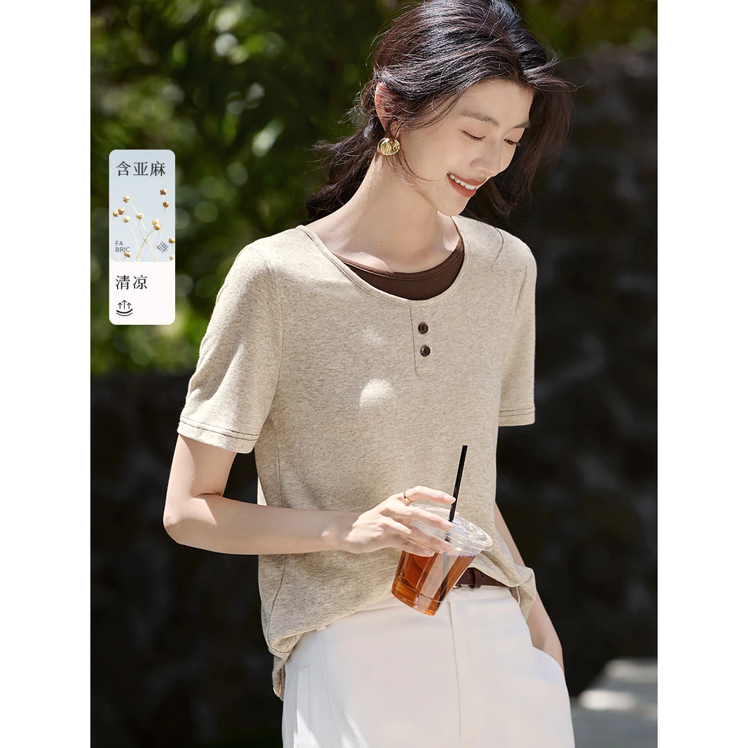 XWI/欣未【撞色花纱T恤】 2025夏新款舒适撞色拼接T恤8543