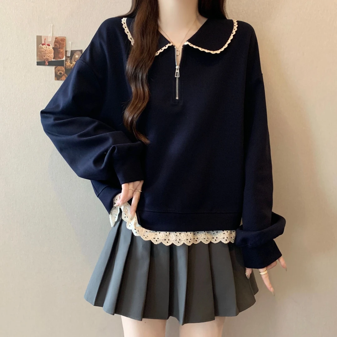 大码娃娃领半拉链蕾丝拼接卫衣女春秋微胖MM宽松显瘦百搭洋气上衣