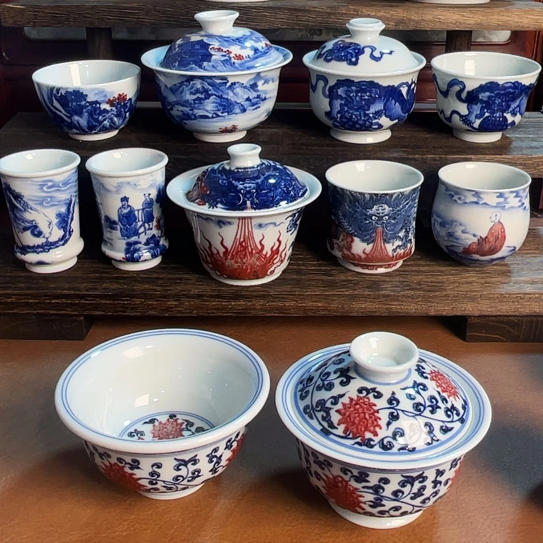 小***叔景德镇陶瓷手绘青花釉里红盖碗杯子