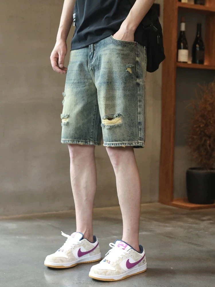 美式破洞牛仔短裤男2025新款夏季穿搭裤子潮牌痞帅外穿宽松五分裤