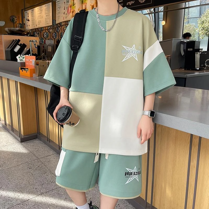 韩版运动T恤夏季休闲运动套装帅气宽松时尚男生短袖青少年男士