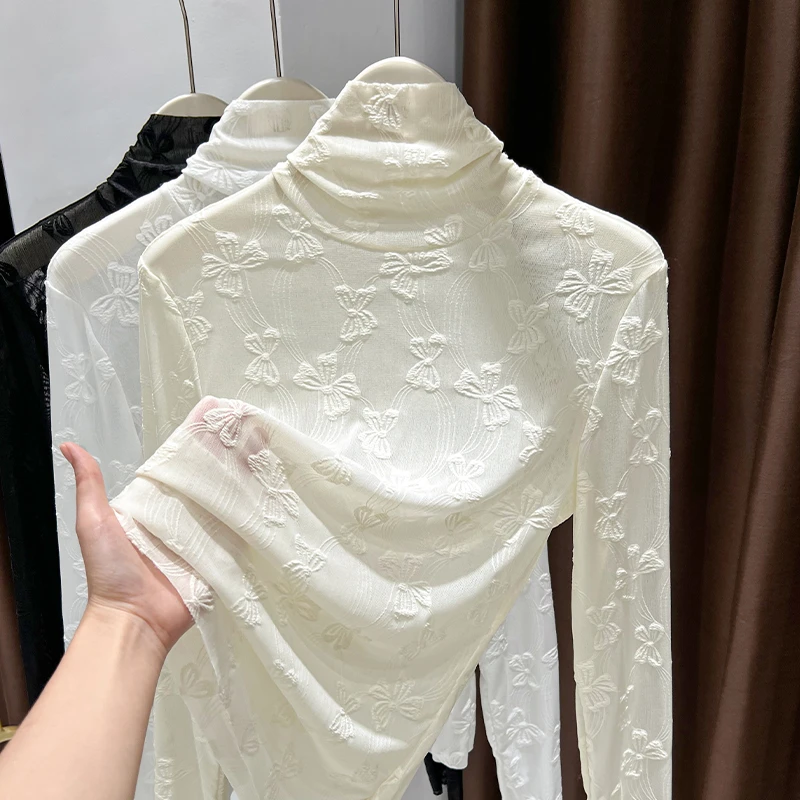 堆堆高领网纱长袖打底衫女洋气内搭独特漂亮蕾丝小衫新款气质上衣