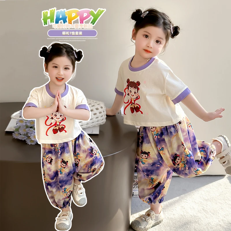 夏季小童哪吒甜酷短袖套装儿童时尚透气童装小女孩洋气韩范外出服