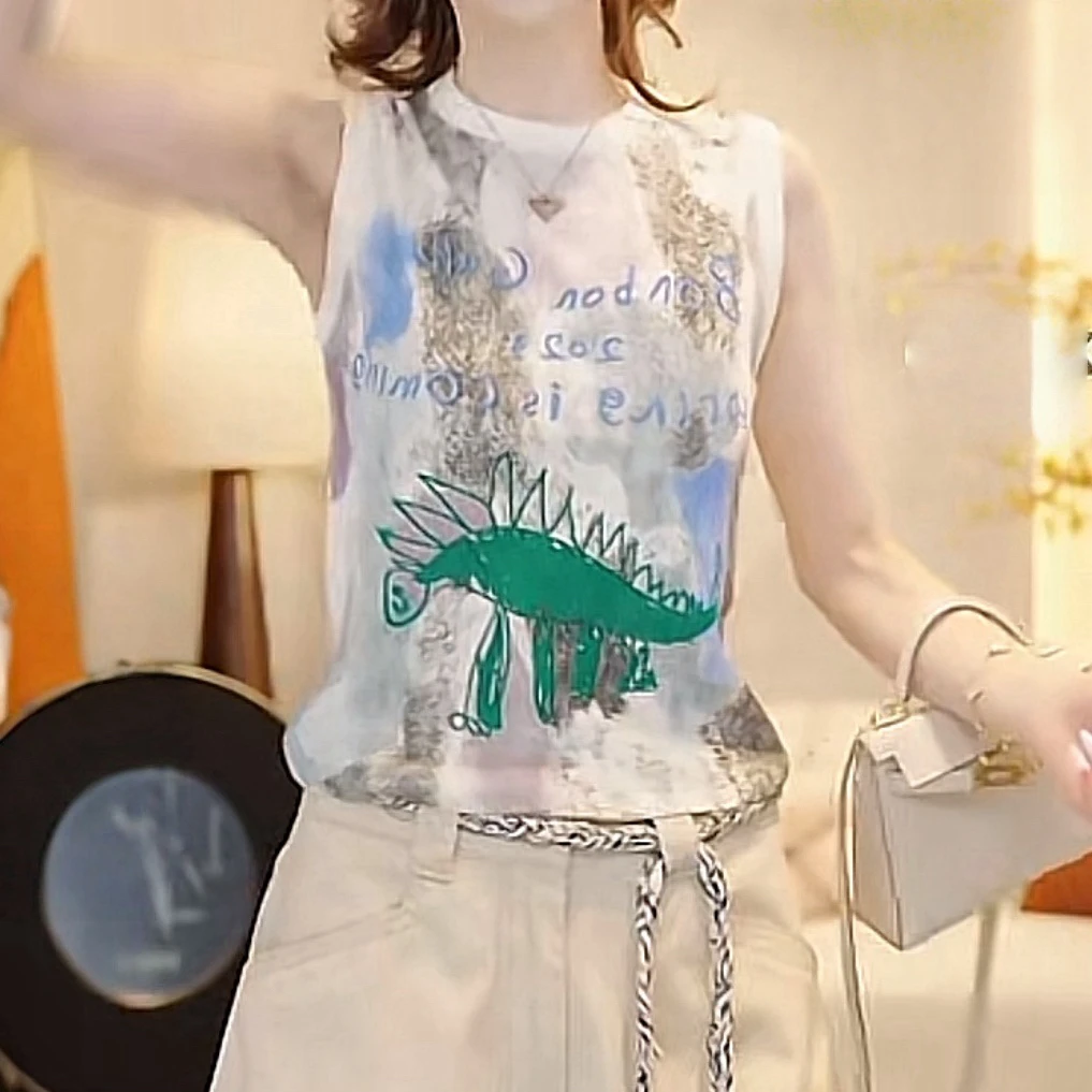 洋气复古涂鸦无袖针织背心女2025夏季宽松凉快背心舒适文艺小衫