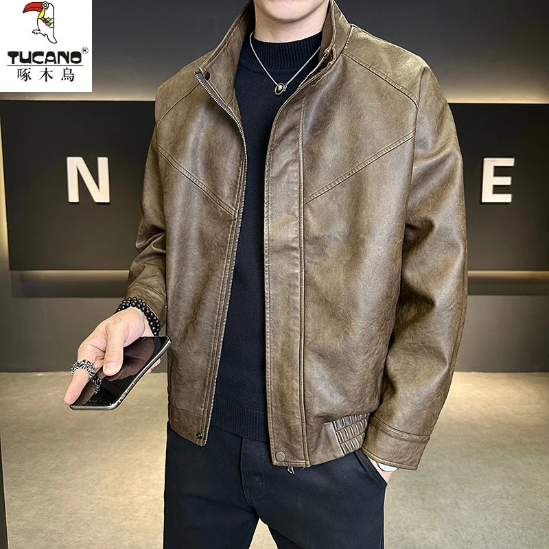 TUCANO/啄木鳥秋季青年帅气男士欧美风免洗防水免烫立领显瘦皮衣
