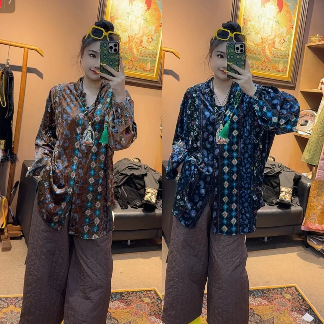 上新价～深圳2583港风衬衫怀旧复古花衬衫丝绒衫大码衬衫大码女装