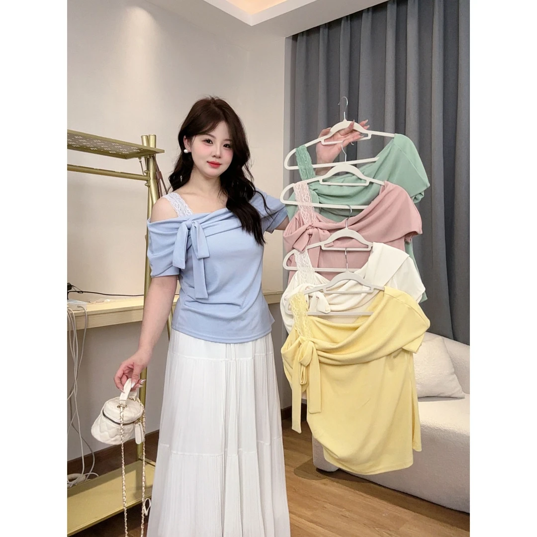 【佳佳】一字肩显瘦T恤女夏季大码胖MM蝴蝶结露肩短袖甜妹上衣女