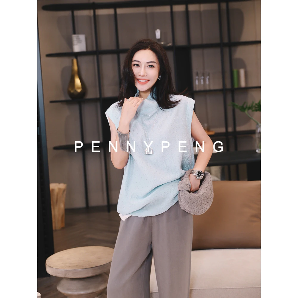 PENNYPENG海盐碎冰【现货】欧若风春季垂顺轻薄半高领无袖烫银上衣