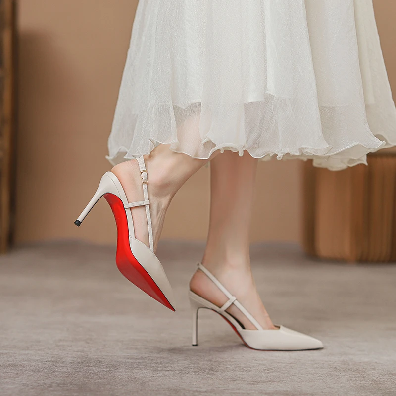 飞燕女鞋2025春夏新款细跟高跟鞋红色底一字扣带尖头时尚宴会单鞋