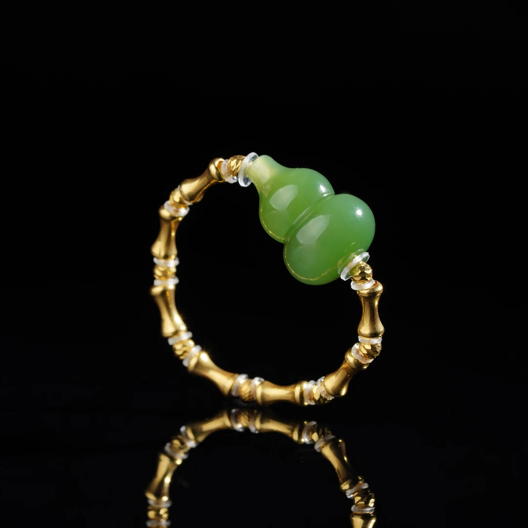 【鹿鸣】18k金和田玉碧玉葫芦戒圈 13*9mm P168