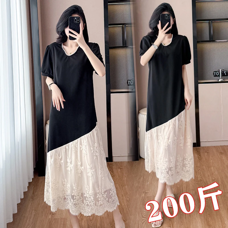 2025夏季大码孕妇装连衣裙中长款时尚假两件拼接短袖裙200斤胖MM