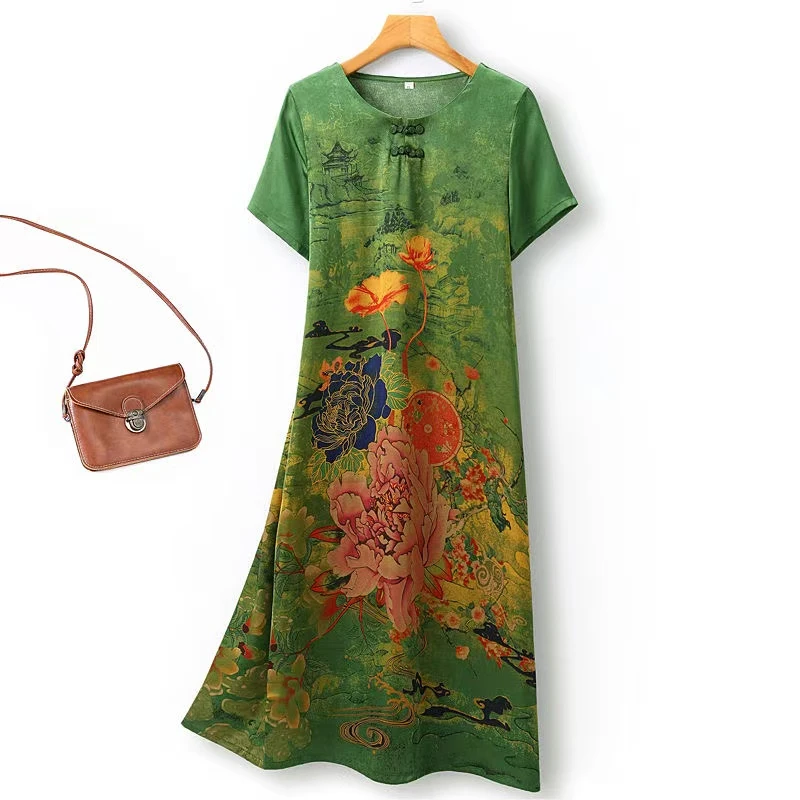 9922-女装旗袍裙夏装奶奶民族风连衣裙国风短袖裙子【富通物流】