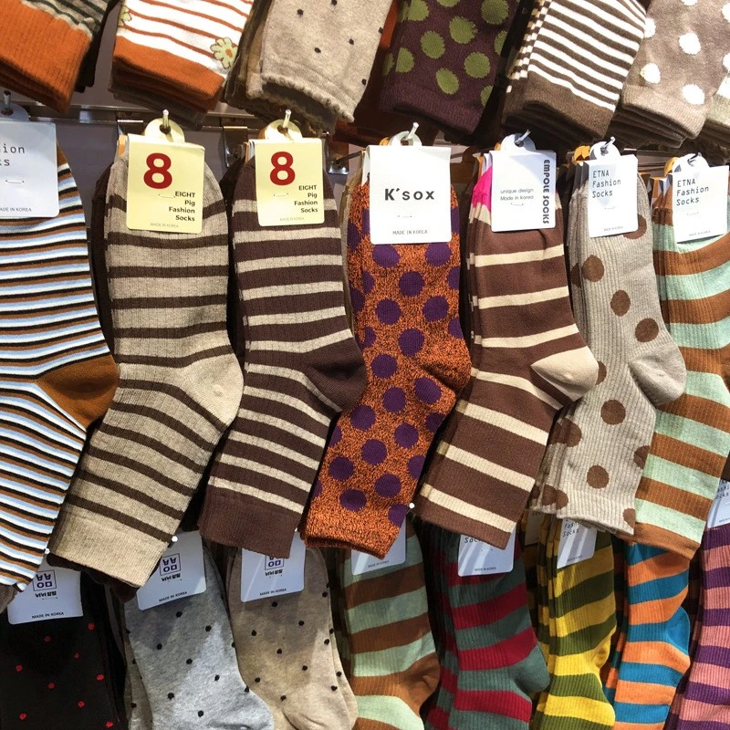 韩国美拉德色系袜子女短袜秋冬大地暖色条纹笑脸波点花朵女棉中筒